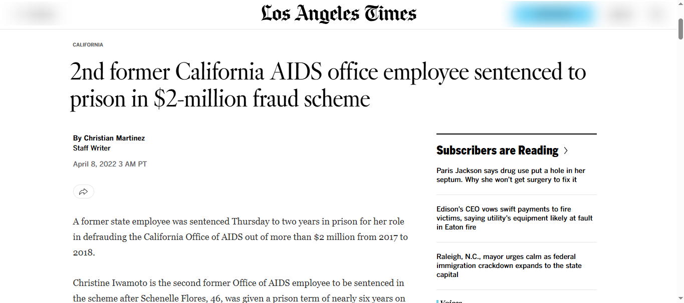 2nd former California AIDS office employee sentenced to prison in $2-million fraud scheme